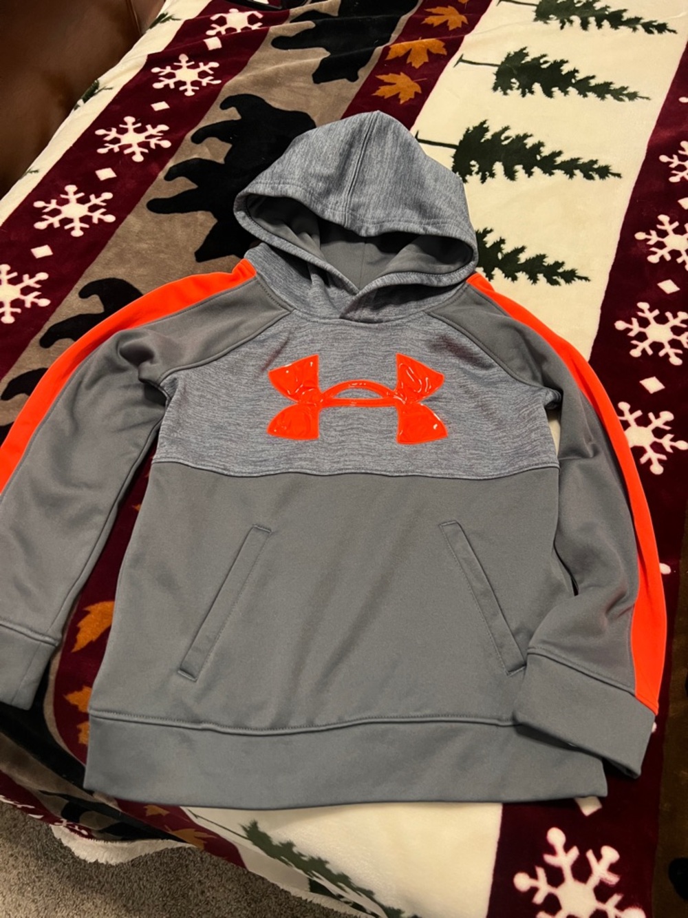 Under Armour Gray Hoodie with Bright Orange Logo and Stripe